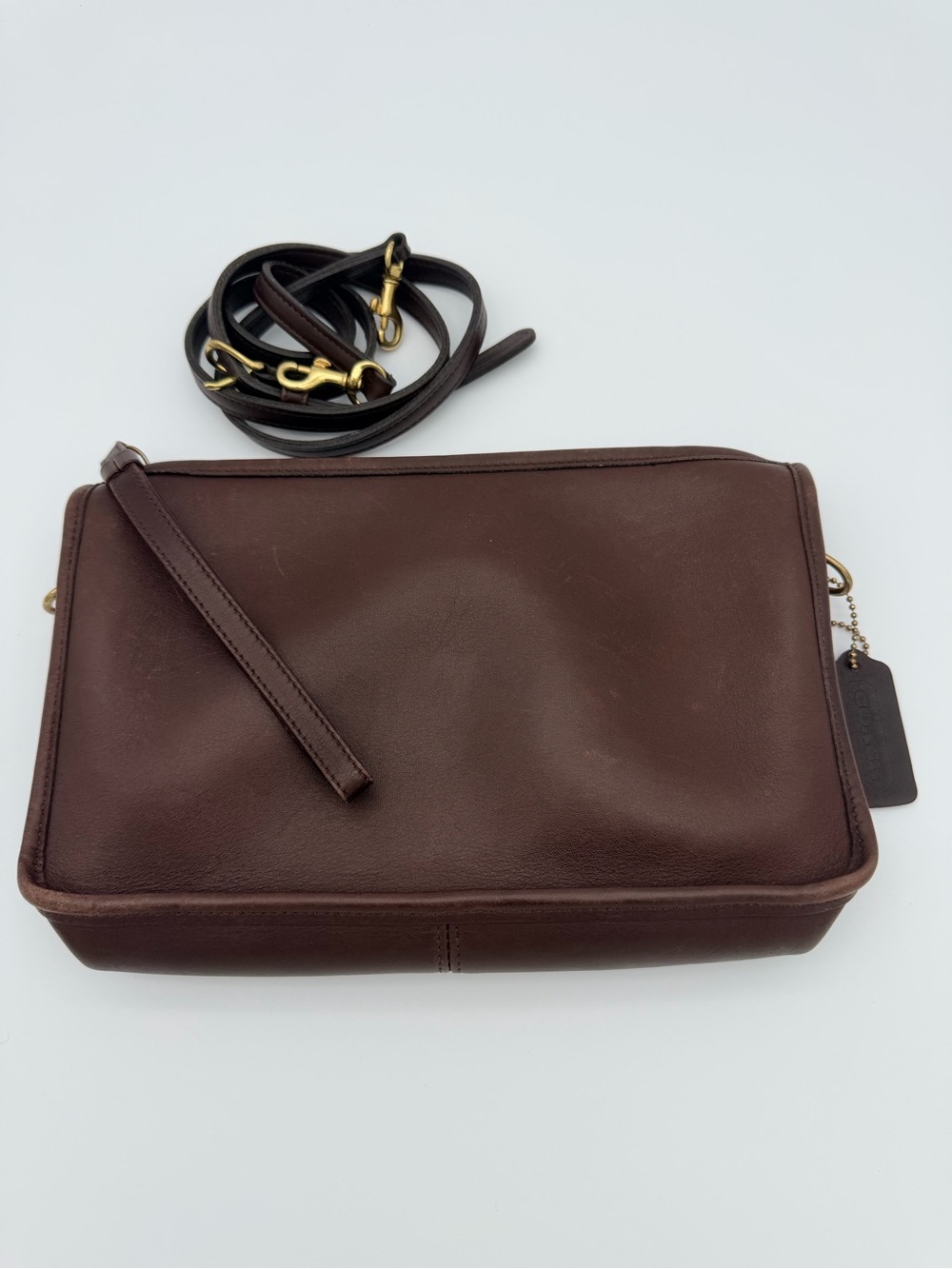 Coach Basic Bag Crossbody or Zippered Clutch Leather Dark Brown Brass 9455